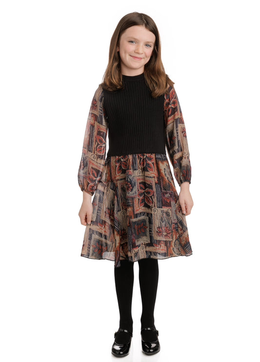 Tween Floral Dress With Black Knit Inlay