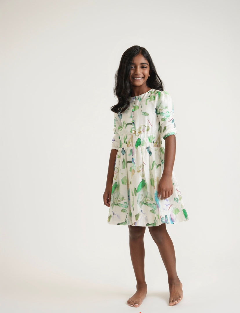 Tween Green Brushed Print Smocked Waist Dress (past the knee version)