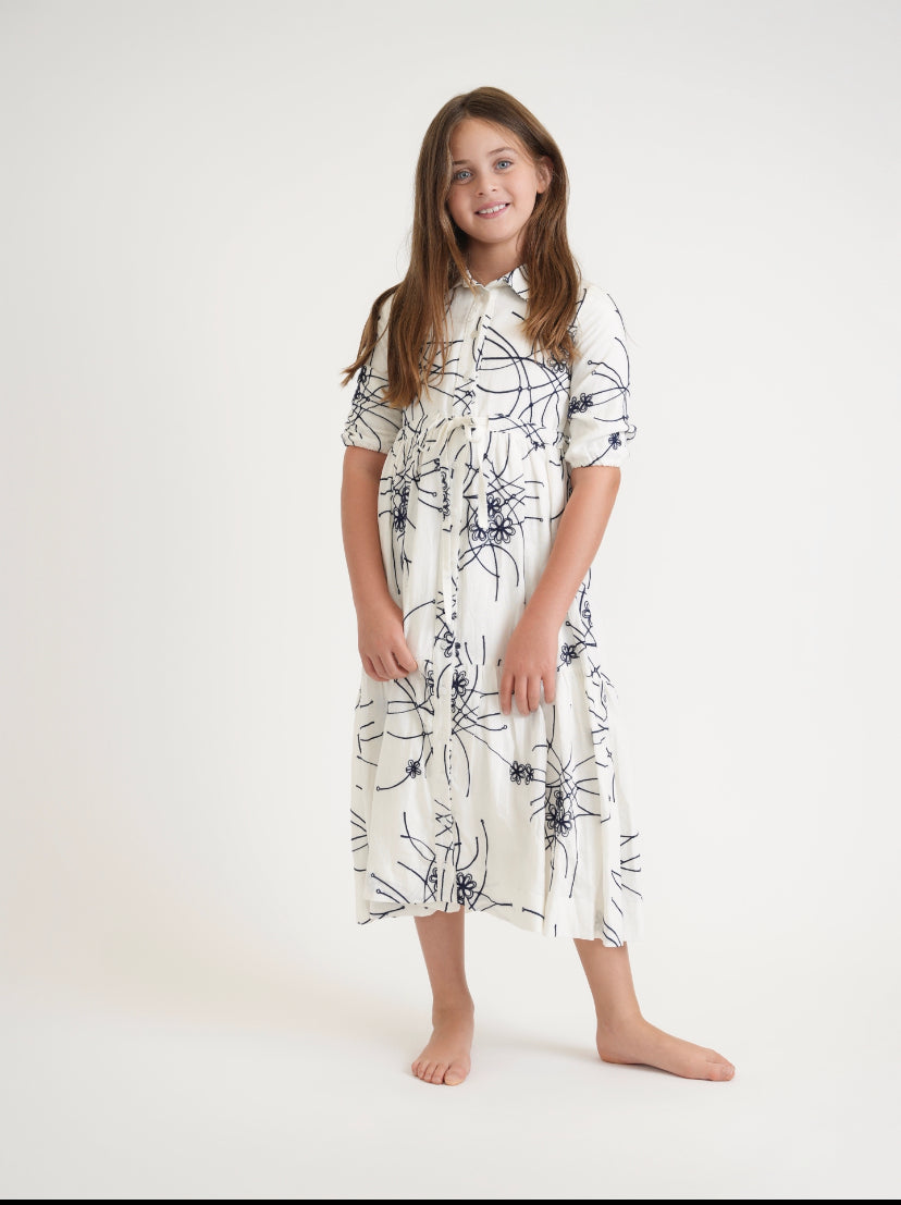 Tween White And Navy Drawstring Embroidered Dress