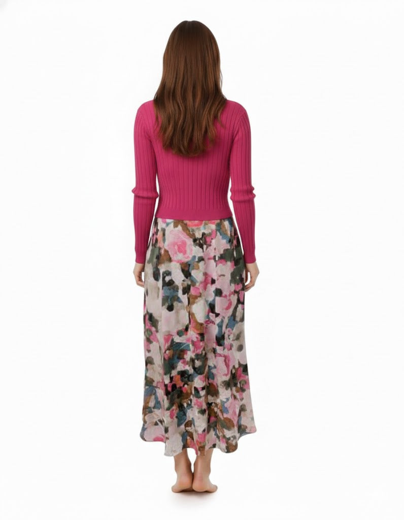 Ladies Printed Jumper With Pink Knit Overlay - Modest Necessities