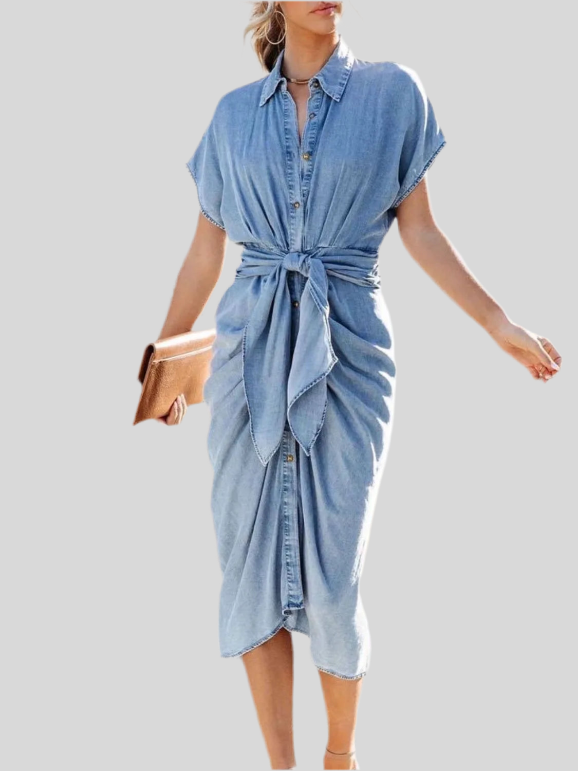 Collared Neck Tie Waist Short Sleeve Denim Dress Medium / S Collared Neck Tie Waist Short Sleeve Denim Dress Medium / S