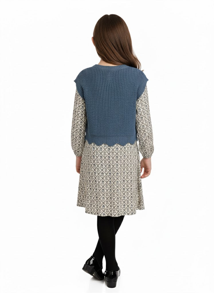 Tween Cream and Floral Dress With Teal Knit Vest