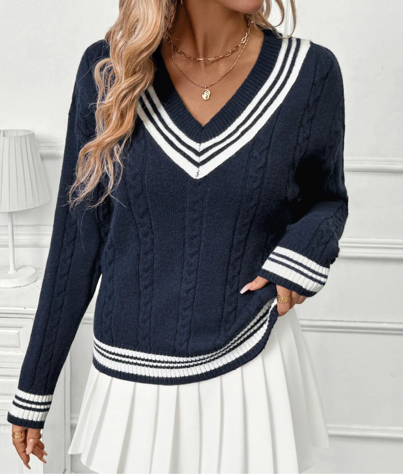 Ladies Varsity Striped V-Neck Sweater