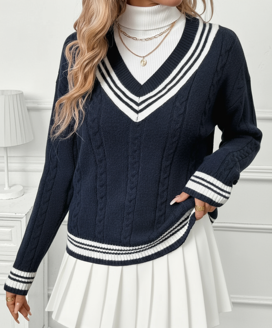 Ladies Varsity Striped V-Neck Sweater