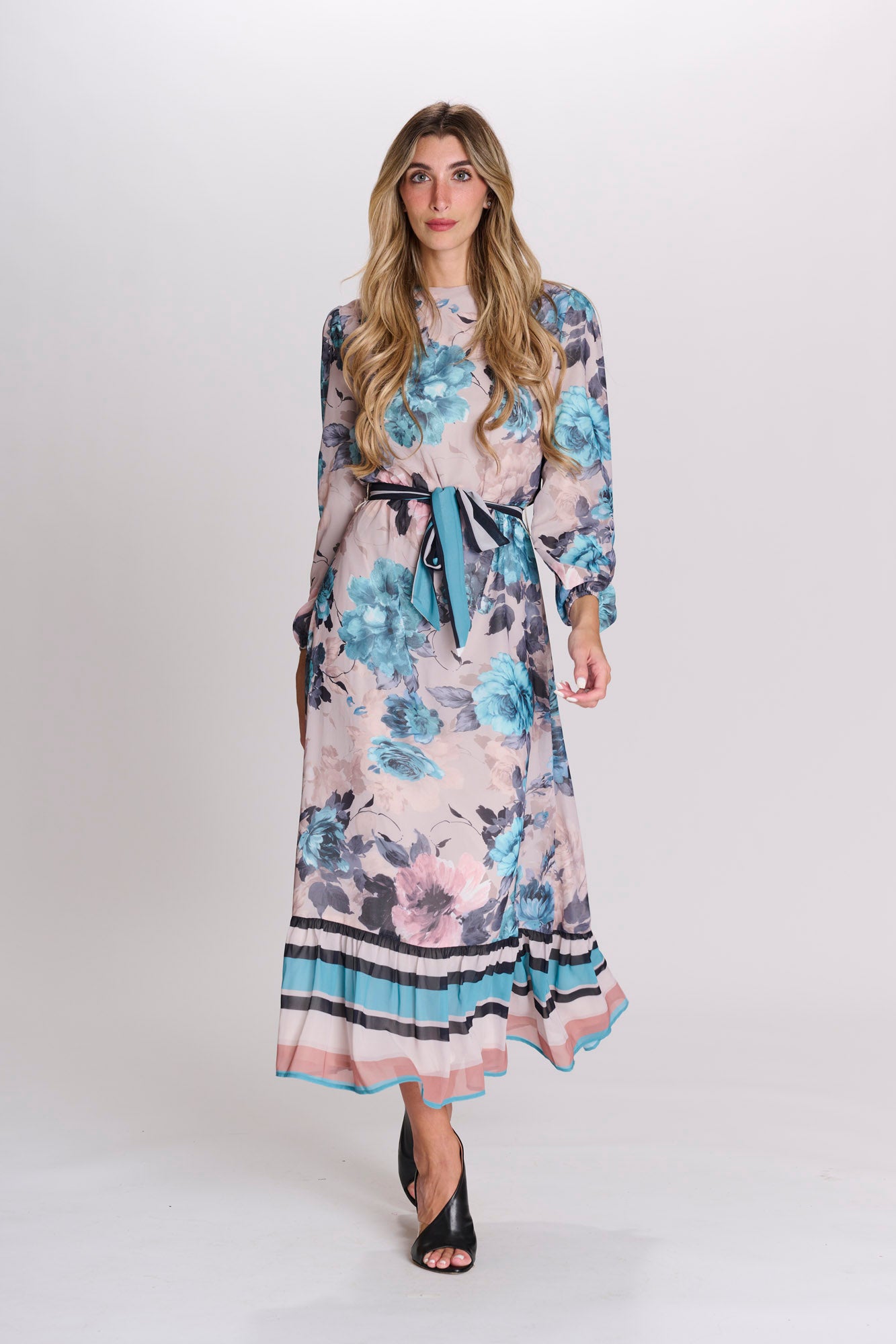 Ladies Beige W/ Teal Floral Design Dress -tznius-fashion -tzniut-modest-Tznius-clothing-online-tznius-Shabbos-clothing-trendy-modest  clothing-frum-clothing-brands-modest-clothing-for-teens-tznius-skirt-tzniut-skirt  – Modest Necessities