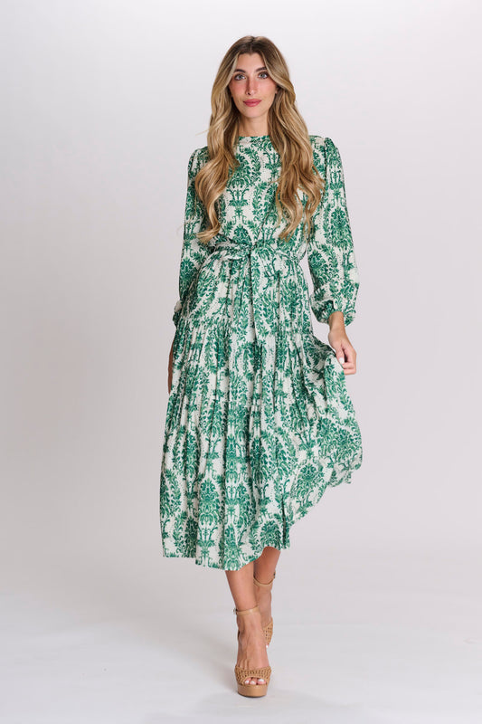 Ladies Green Printed Dress With Self Tie Belt