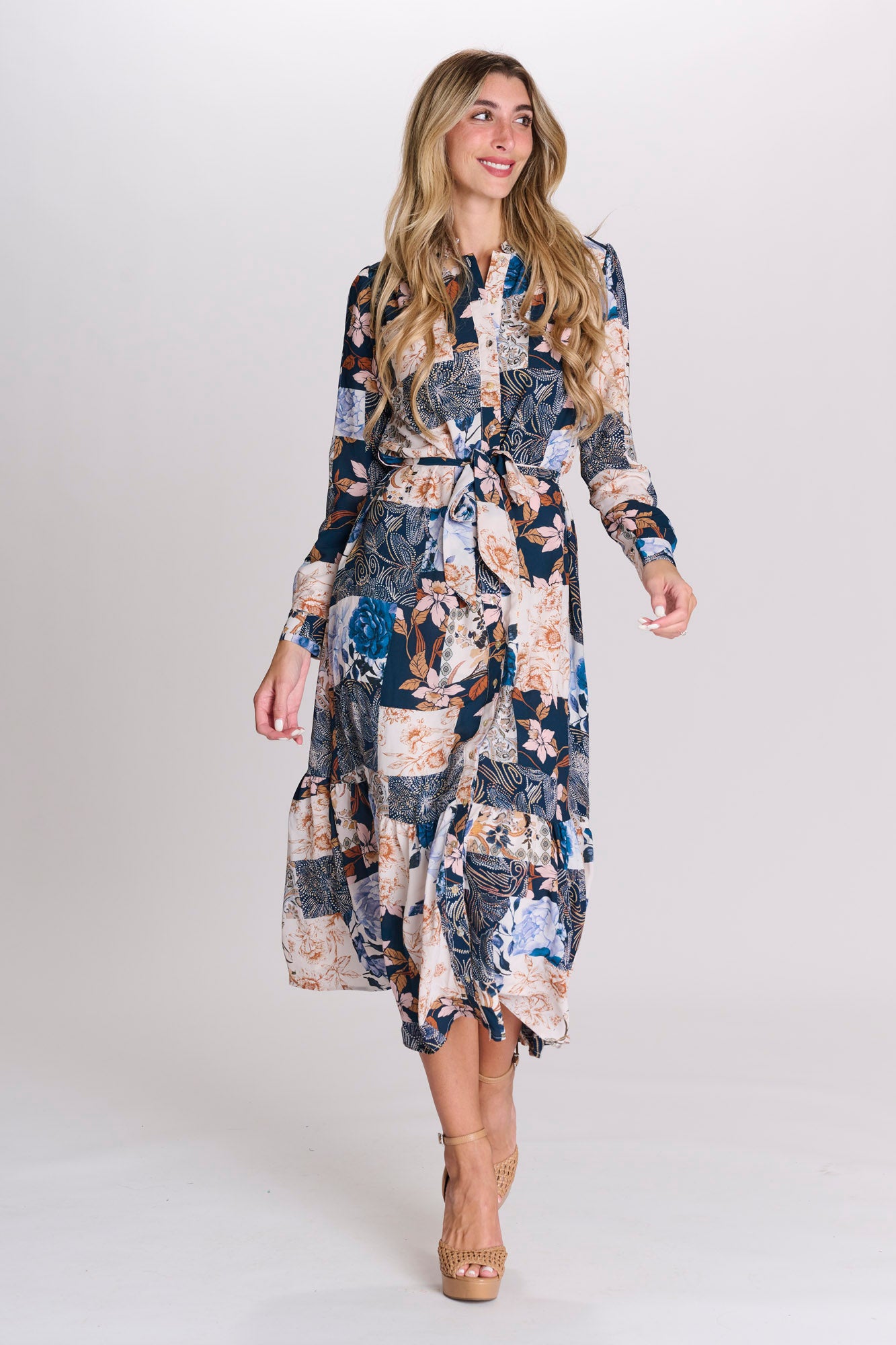 Ladies Navy Off White Floral Button Down Dress Ladies Navy Off White Floral Button Down Dress
