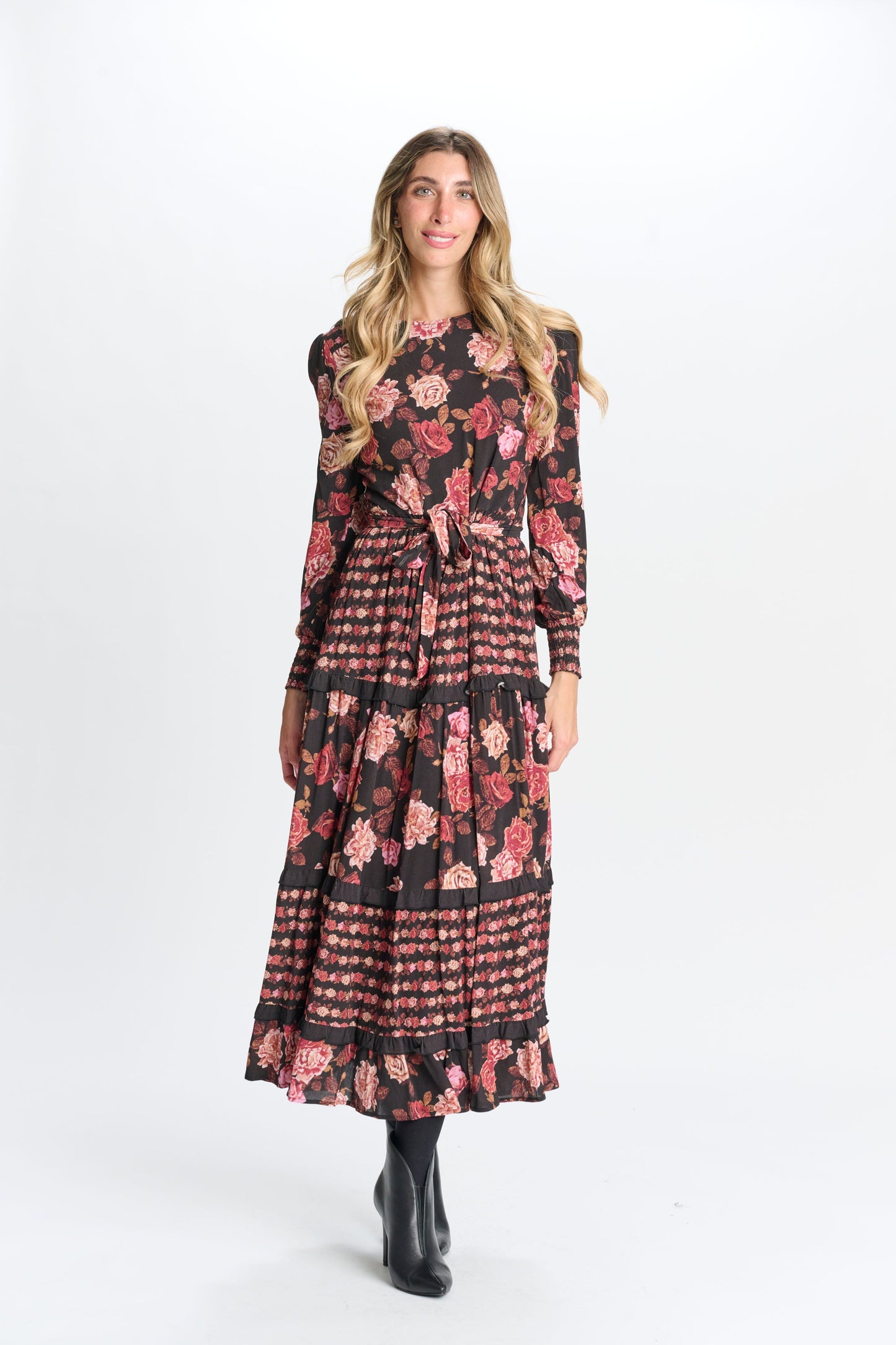 Ladies Cotton Pink Brown Floral Print Dress