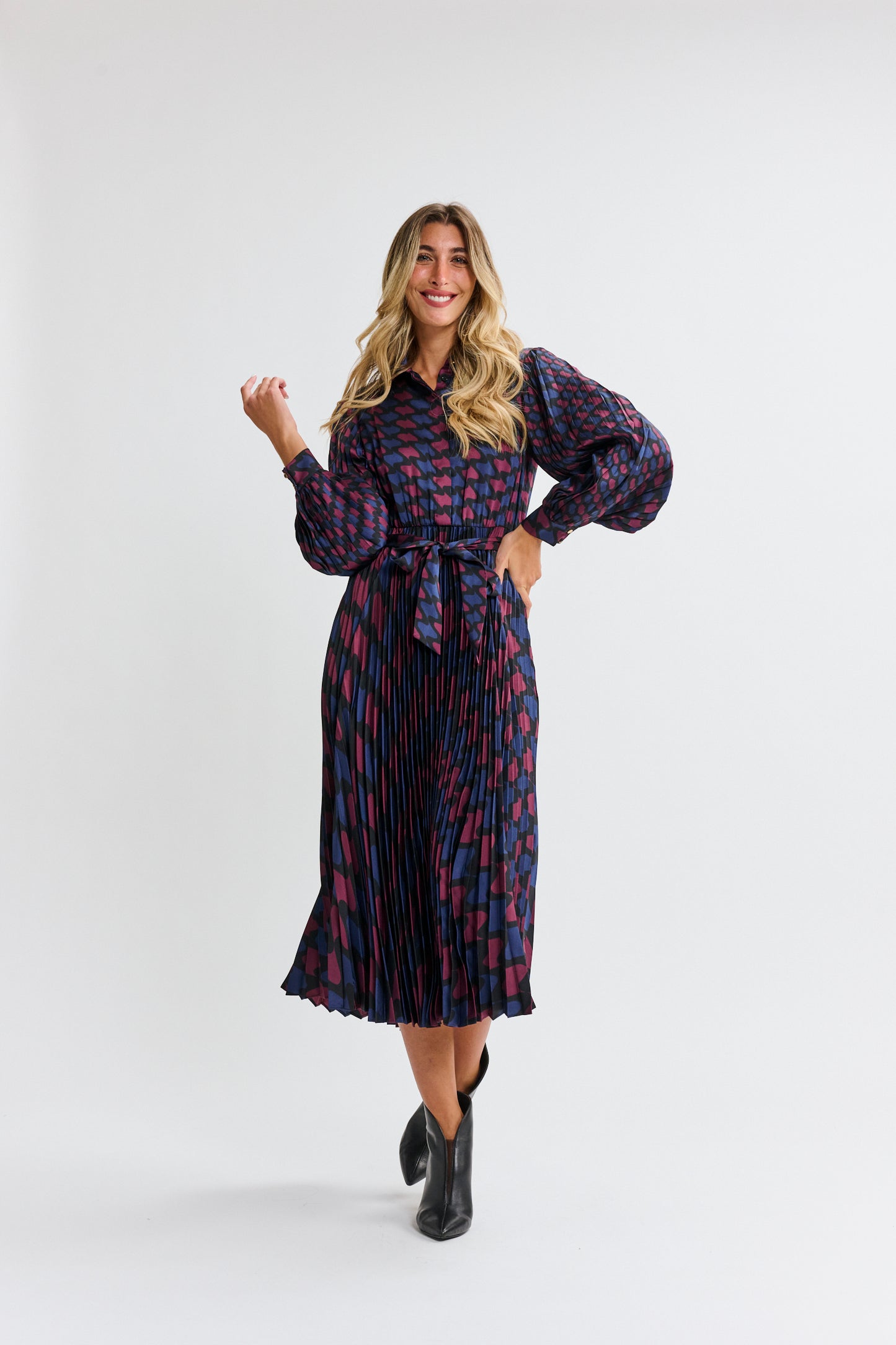 Blue With Magenta Print Pleated Dress