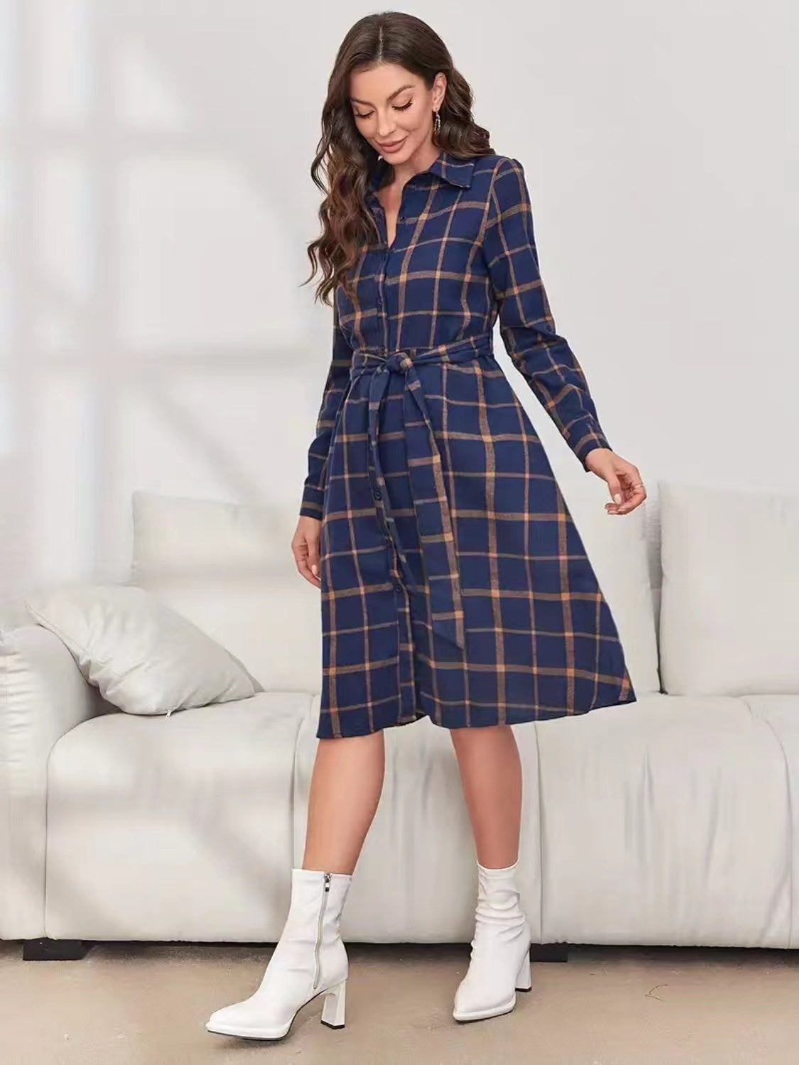 Ladies Plaid Tie Waist Long Sleeve Dress Navy / L Ladies Plaid Tie Waist Long Sleeve Dress Navy / L