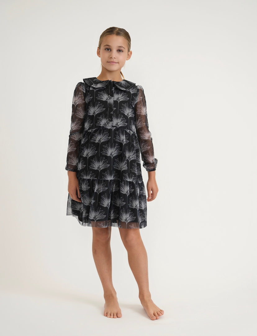 Tween Black And White Mesh Dress (lined sleeves, past the knee version)