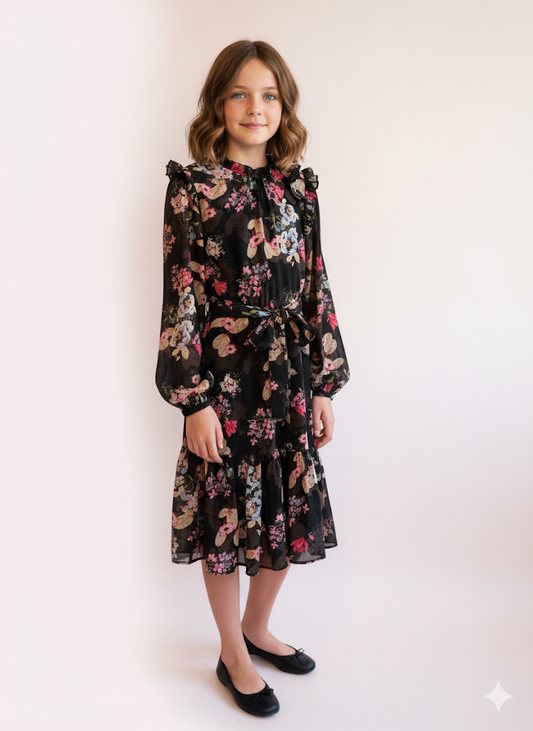 Tween Floral Ruffle Shoulder Dress