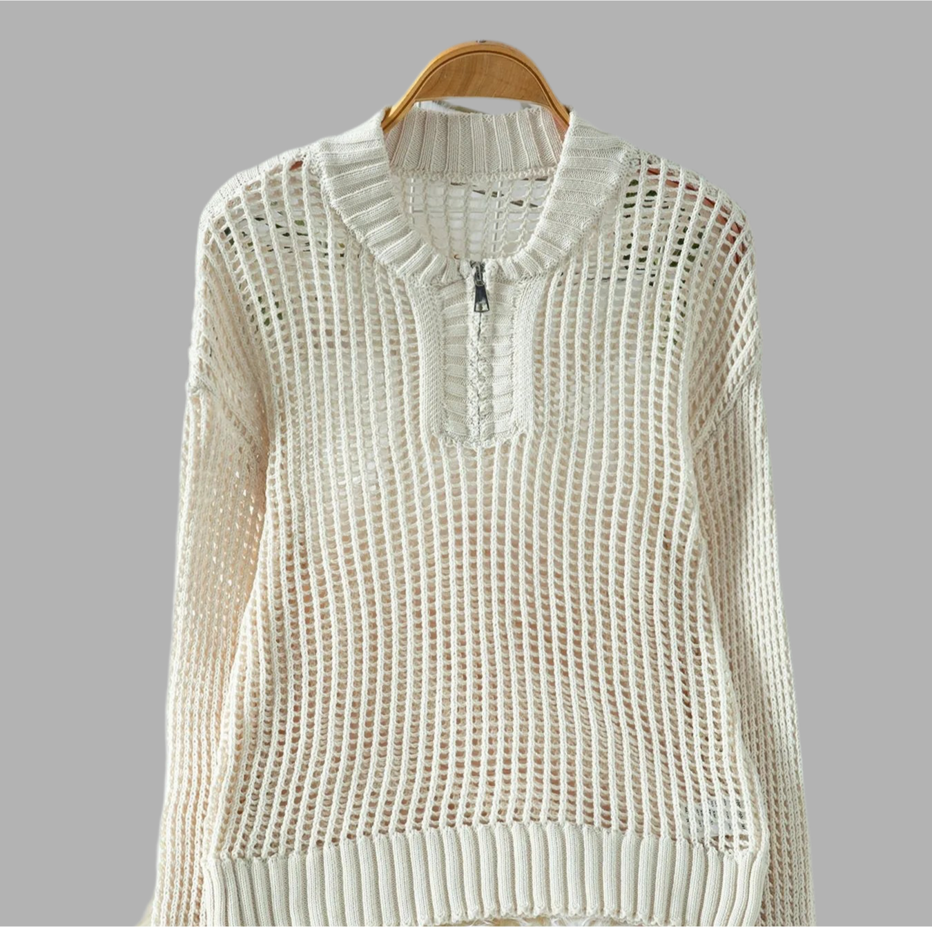 Half-Zip Crocheted Long Sleeve Sweater