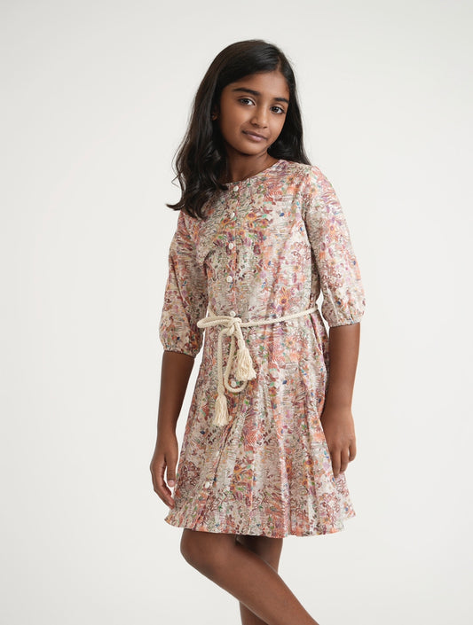 Tween Floral Button Down Rope Belt Dress (past the knee version)