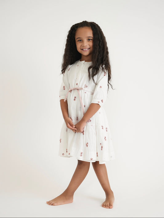 Tween White And Pink Floral Embroidered Drawstring Dress (past the knee length version)
