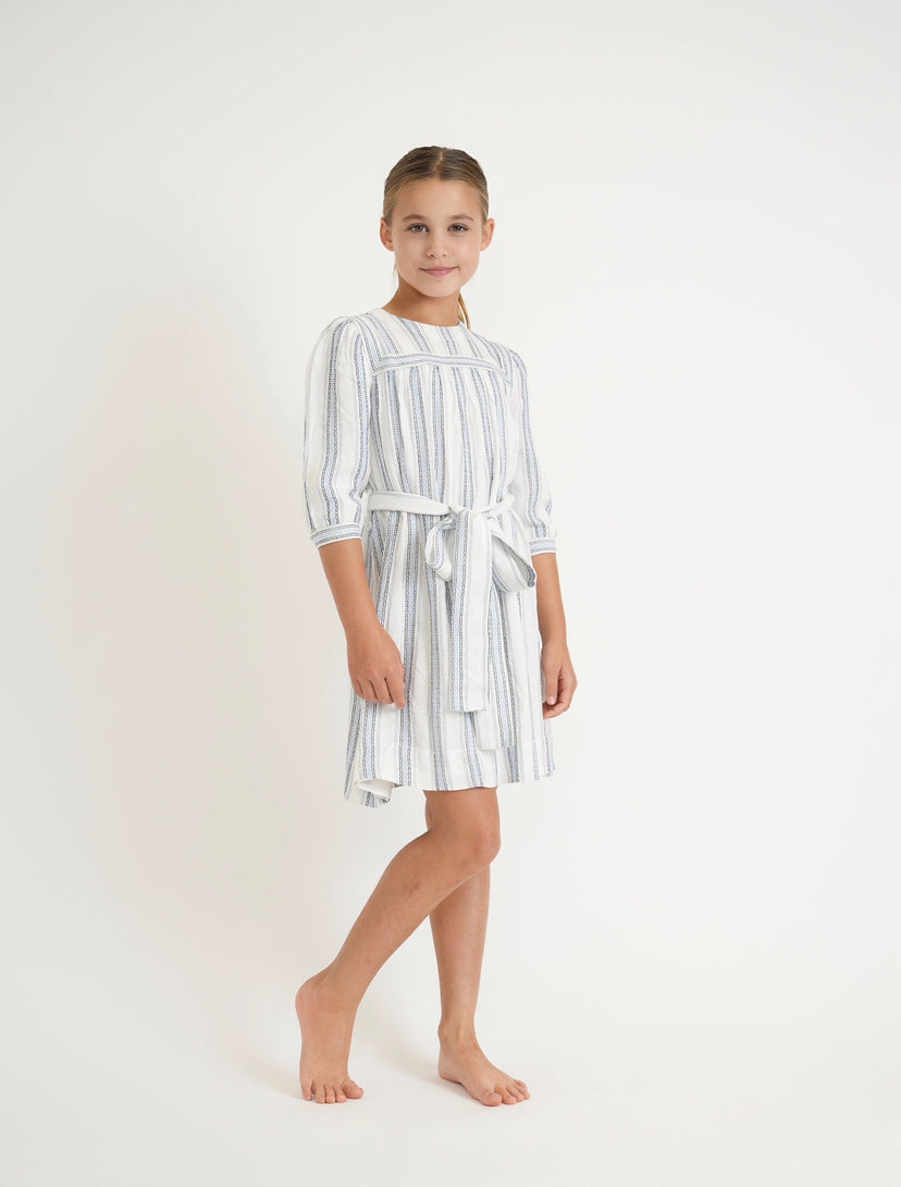 Tween White And Blue Striped Tie Dress (past the knee length version)