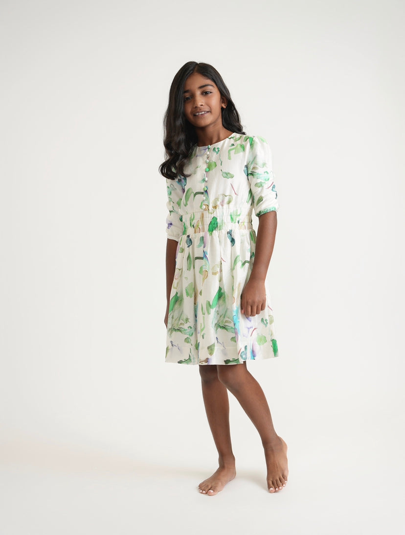 Tween Green Brushed Print Smocked Waist Dress (past the knee version)