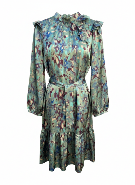 Tween Green Watercolor Dress With Ruffle Detail