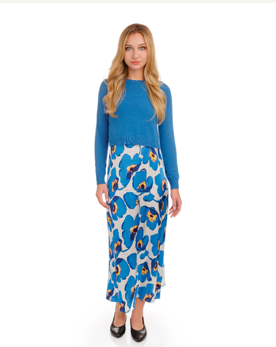 Ladies Blue Floral Slip Dress With Royal Blue Knit Overlay