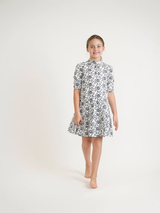 Tween White And Blue Embroidered Drop Waist Dress (past knee length version)