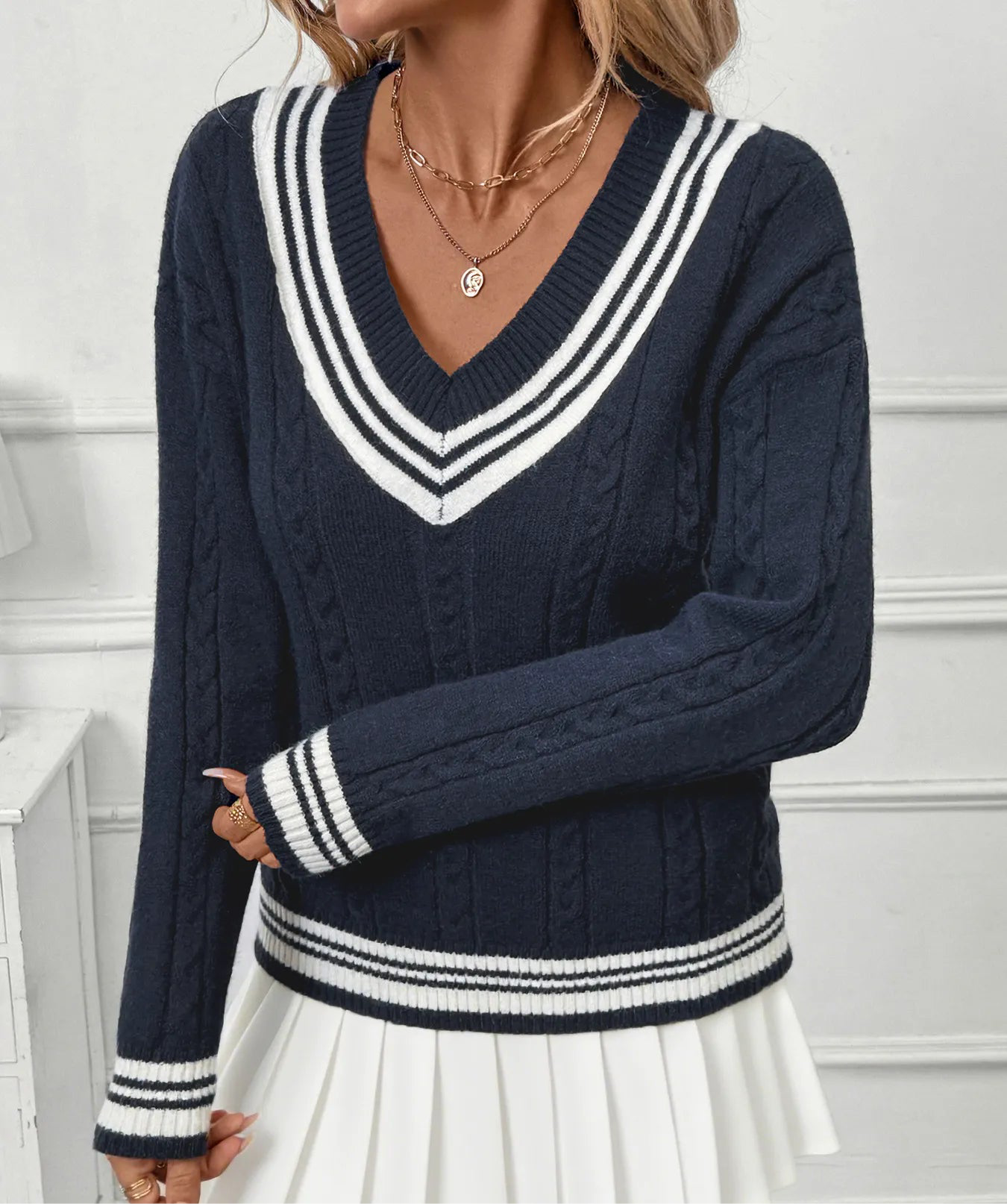 Ladies Varsity Striped V-Neck Sweater