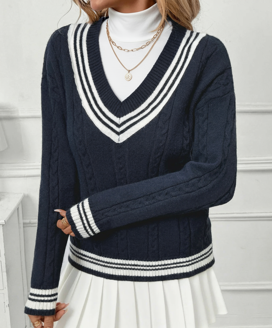 Ladies Varsity Striped V-Neck Sweater