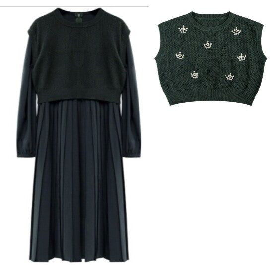 Tween Pointelle Vest With Pleated Dress