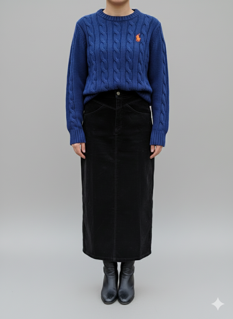 Denim Corduroy Midi Skirt - Black