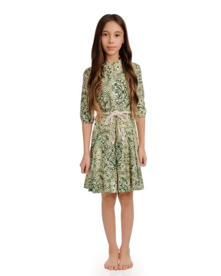 Tween Green Abstract Printed Dress With Belt (long version)