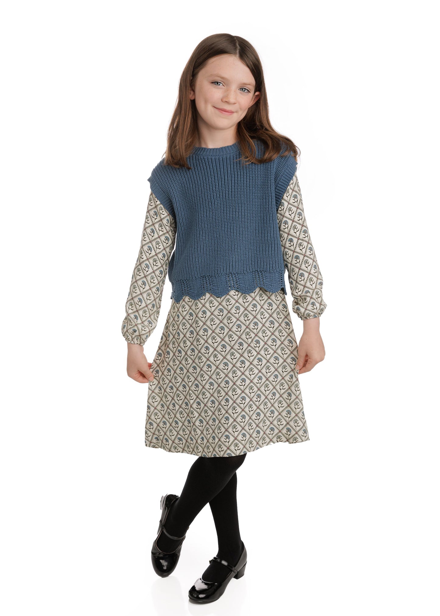Tween Cream and Floral Dress With Teal Knit Vest