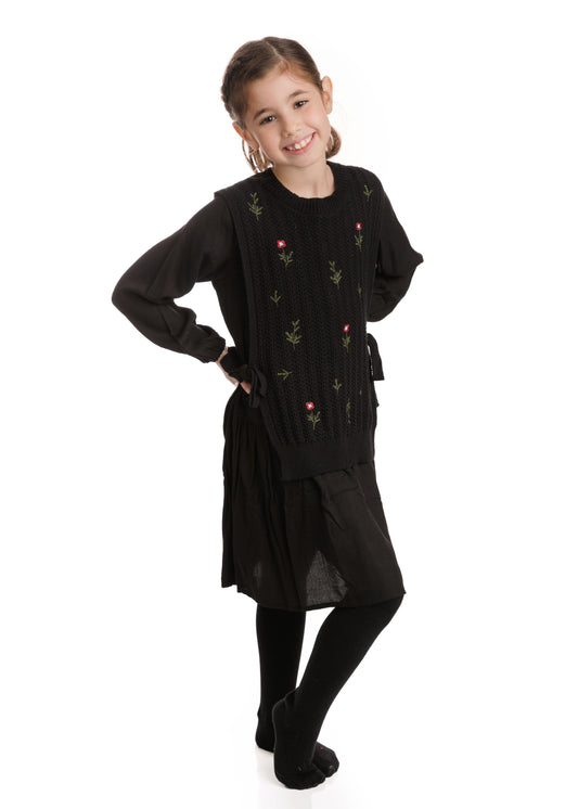 Tween Black Dress With Black Embroidered Overlay