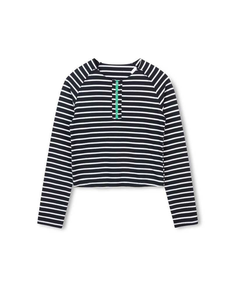 Ladies Striped Raw Placket T-Shirt