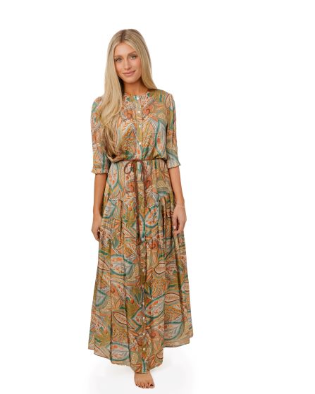 Ladies Brown Green Paisley Printed Dress