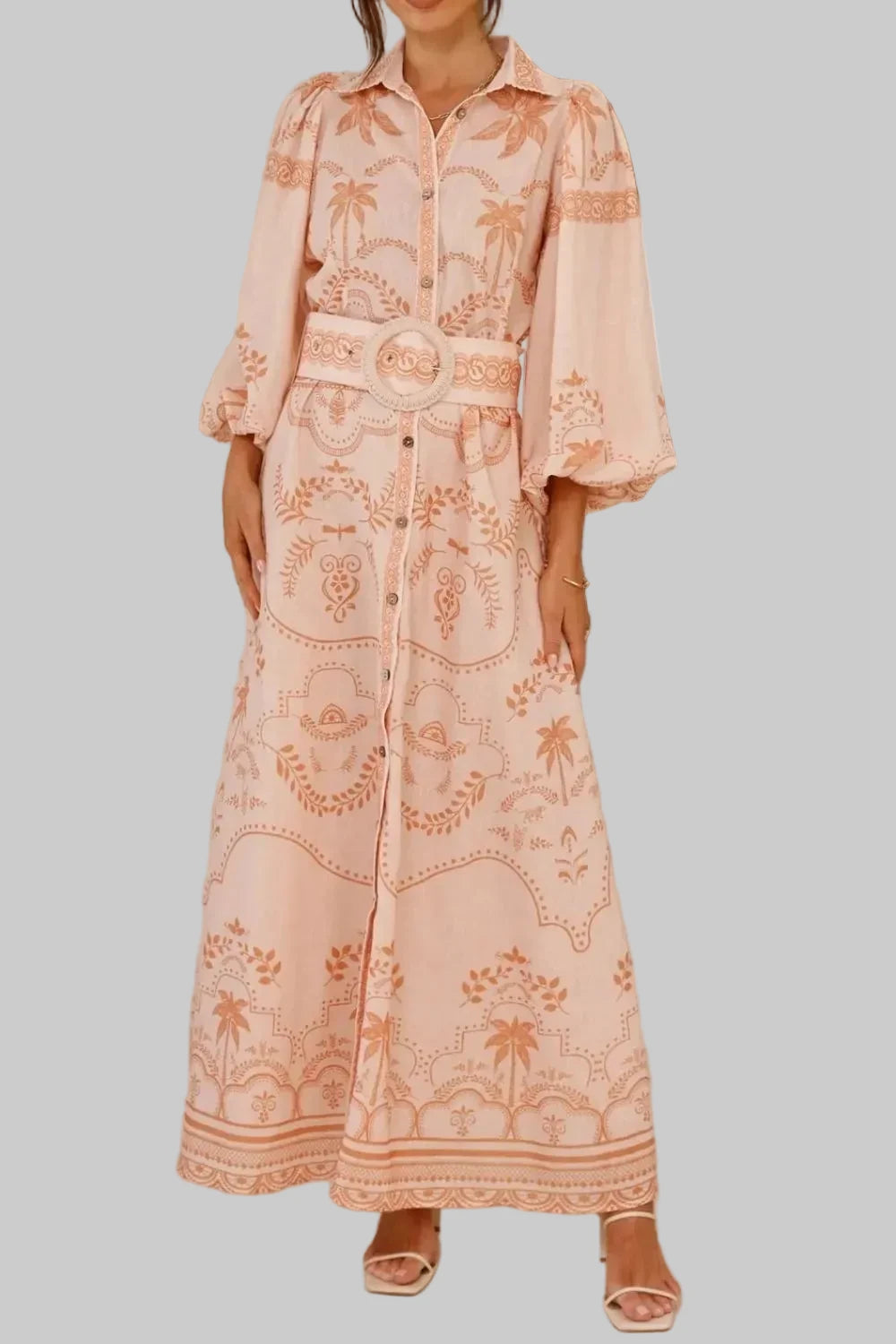 ladies maxi shirt dress Printed Balloon Sleeve Apricot / M colorgrp-36027 Belk Graduation Dress - featuring a gentle touch Color:Custom Color (leave a note)