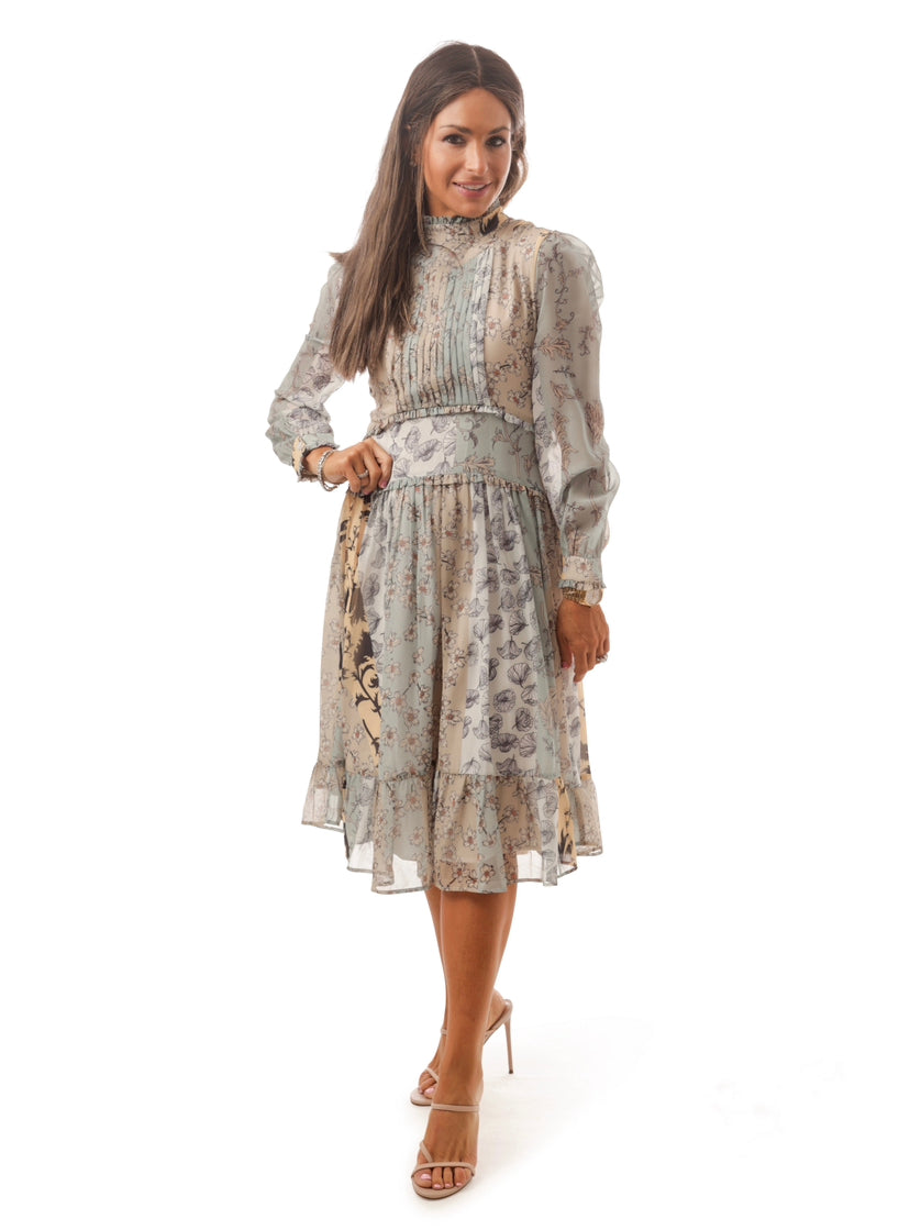 Ladies Sage Yellow Front Pleated Dress
