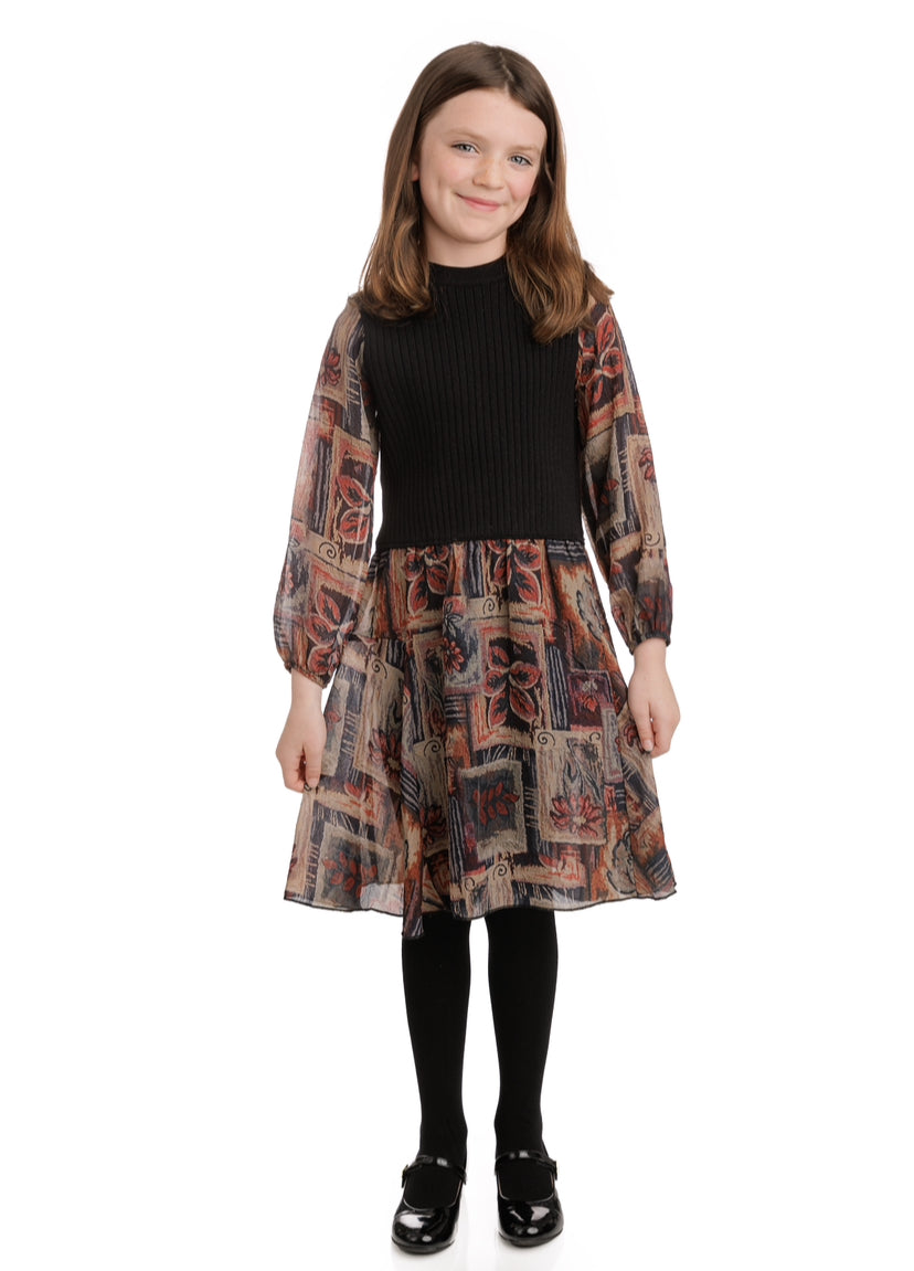 Teen Floral Dress With Black Knit Inlay