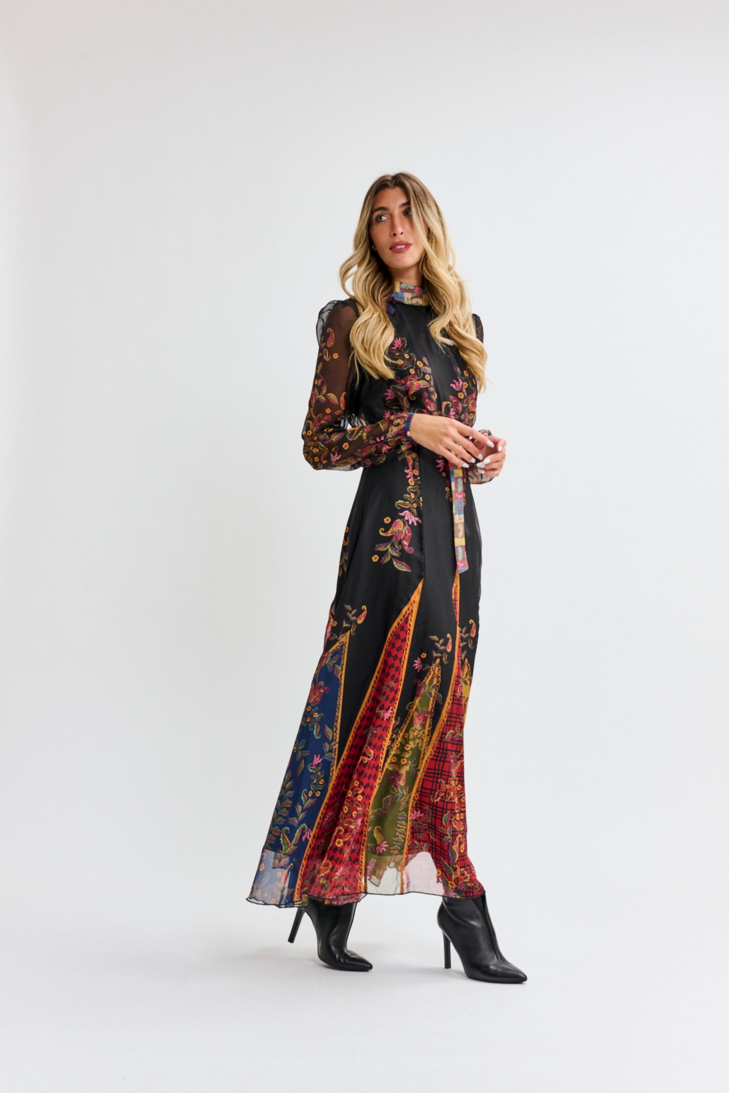 Colorful Mixed Media Belted Dress