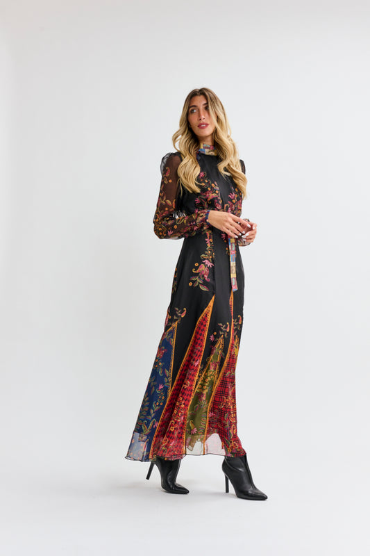 Colorful Mixed Media Belted Dress