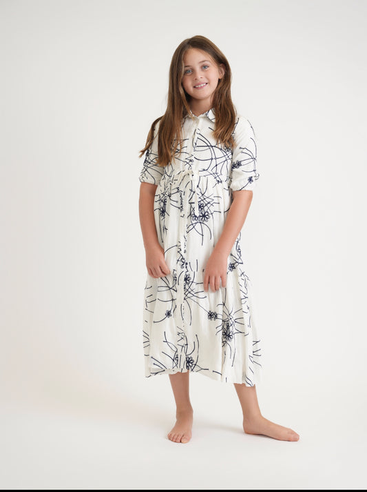 Teen White And Navy Drawstring Embroidered Dress