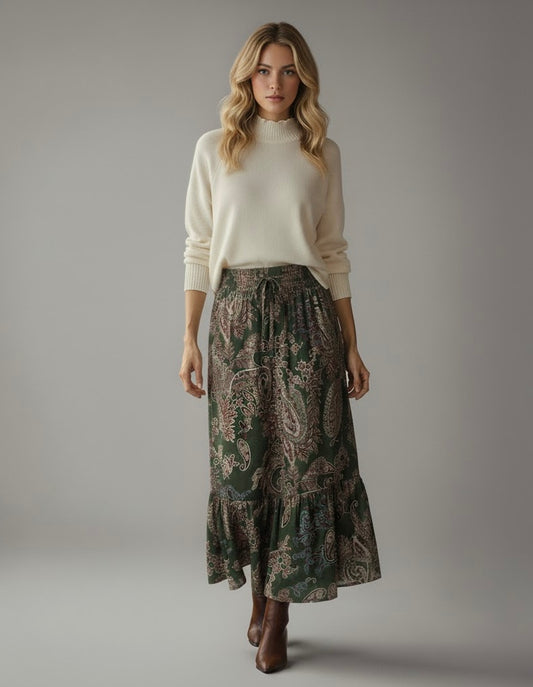 Ladies Printed Tiered Smocked Waisted Skirt