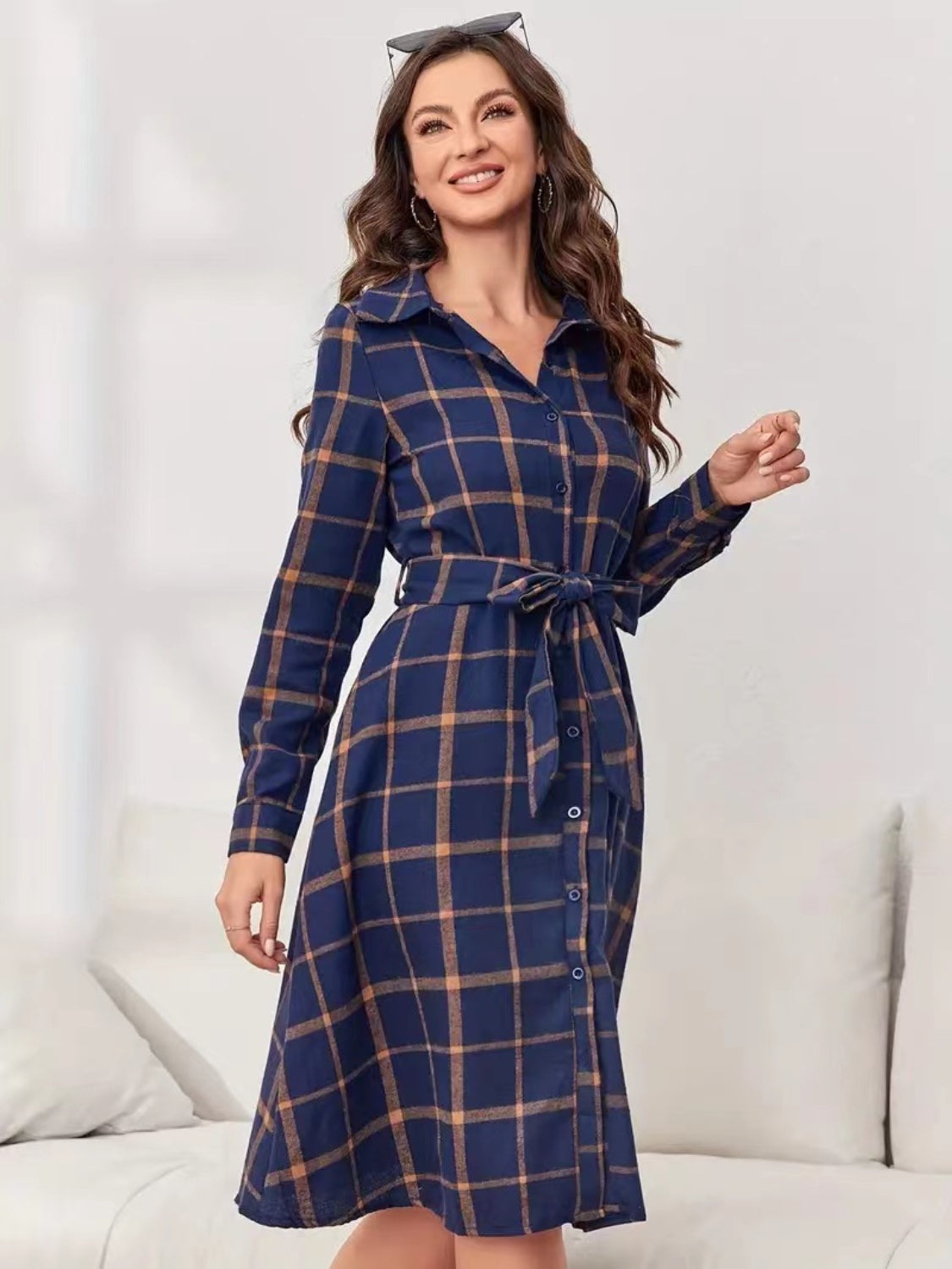 Ladies Plaid Tie Waist Long Sleeve Dress