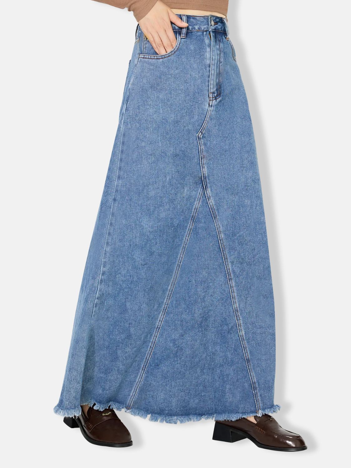 Ladies Raw Hem Maxi Denim Skirt