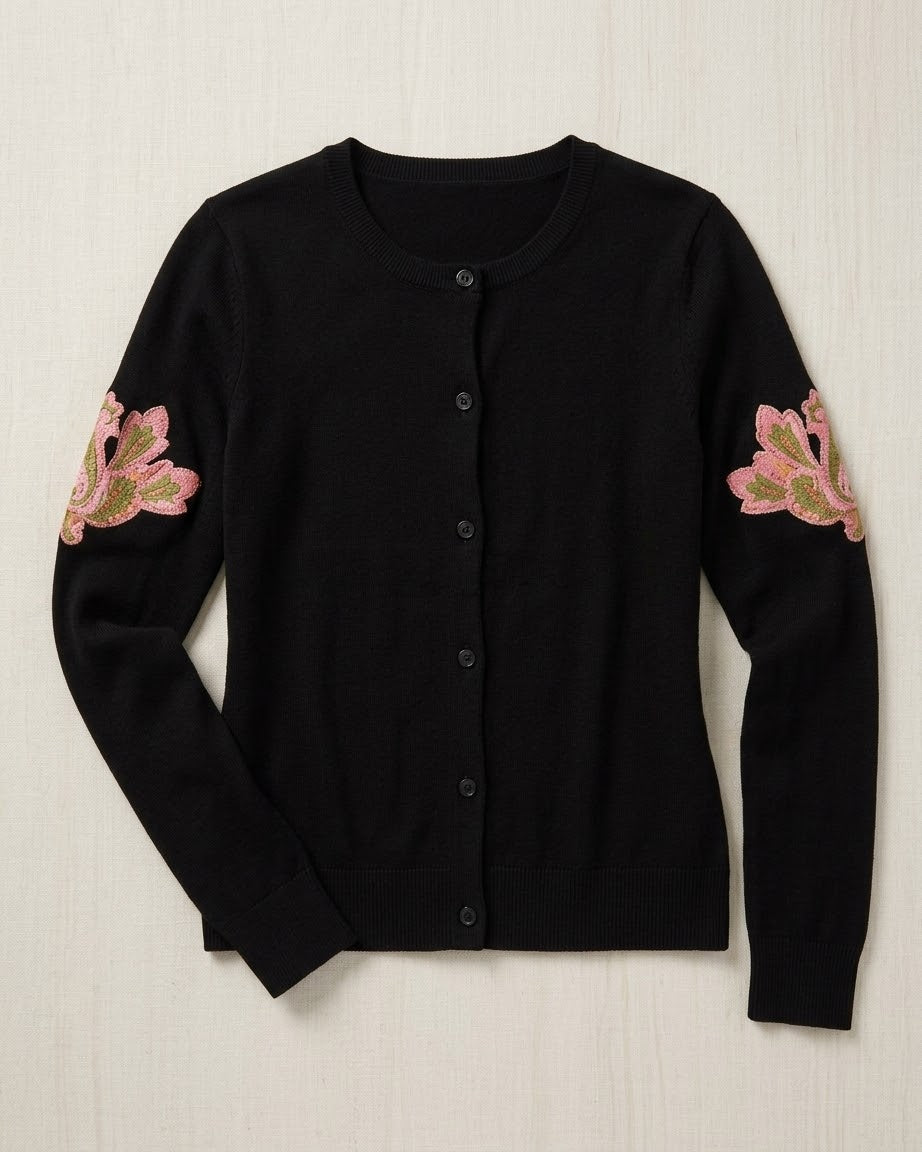 Black Ribbed Embroidered Sleeve Cardigan