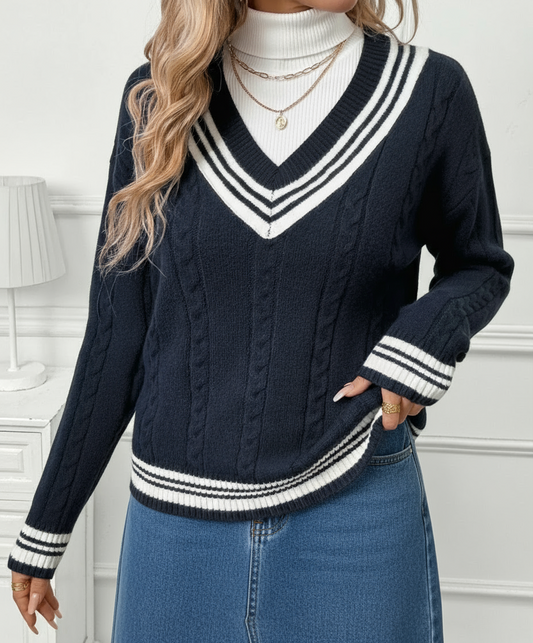 Ladies Varsity Striped V-Neck Sweater