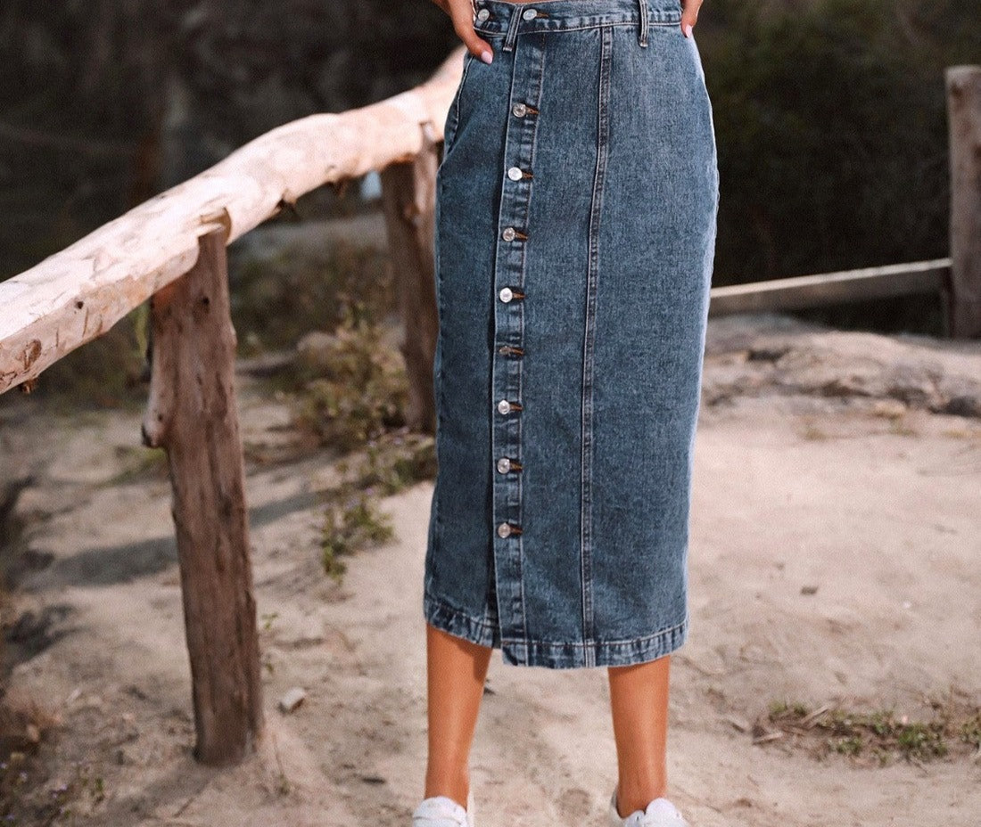 Ladies Button Down Denim Skirt more colors