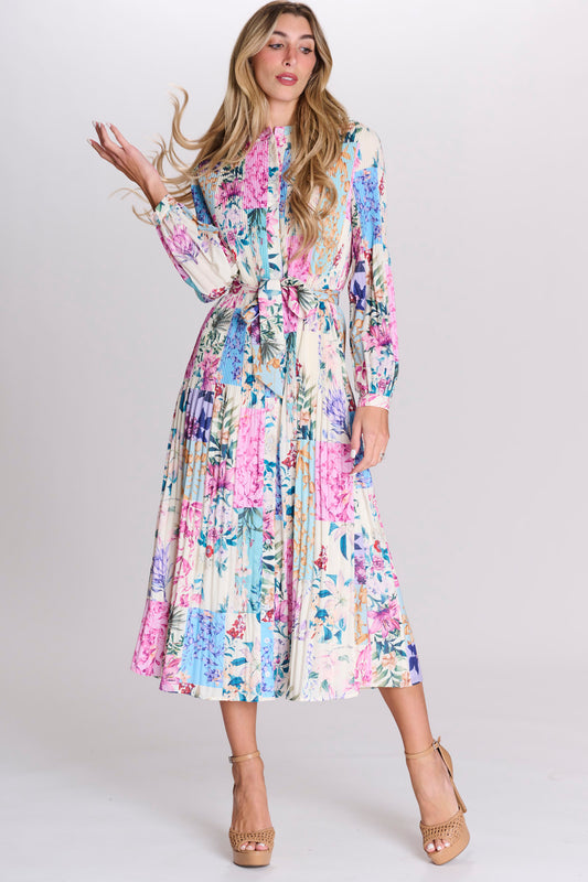 Ladies Floral Pleated Button Down Dress