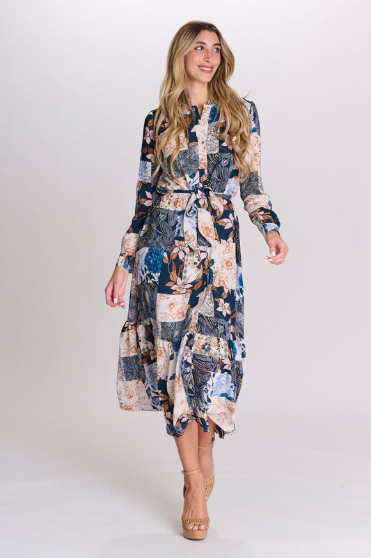 Ladies Navy Off White Floral Button Down Dress