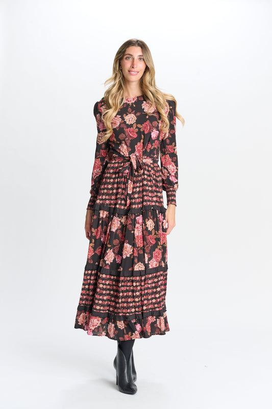 Ladies Cotton Pink Brown Floral Print Dress