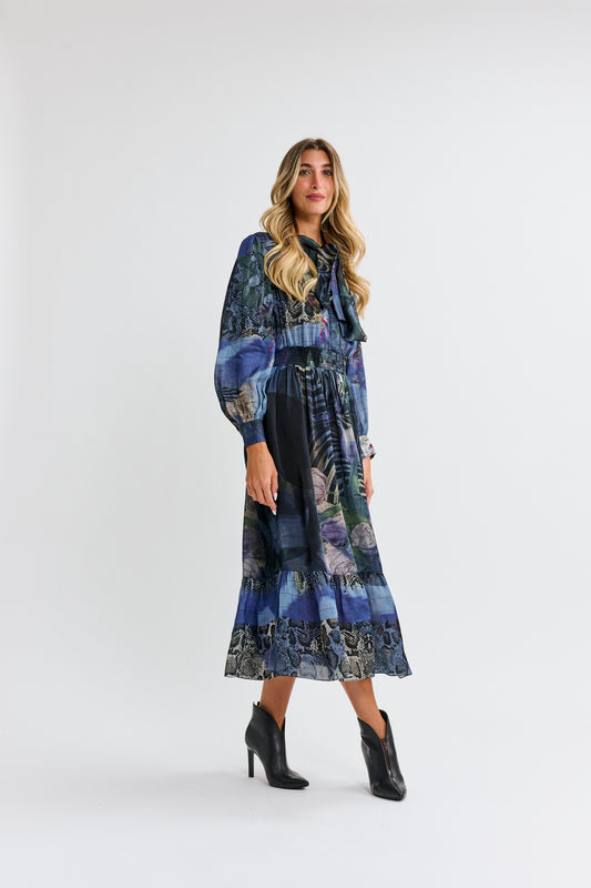 Slate Grey Blue With Mixed Media Multicolor Dress