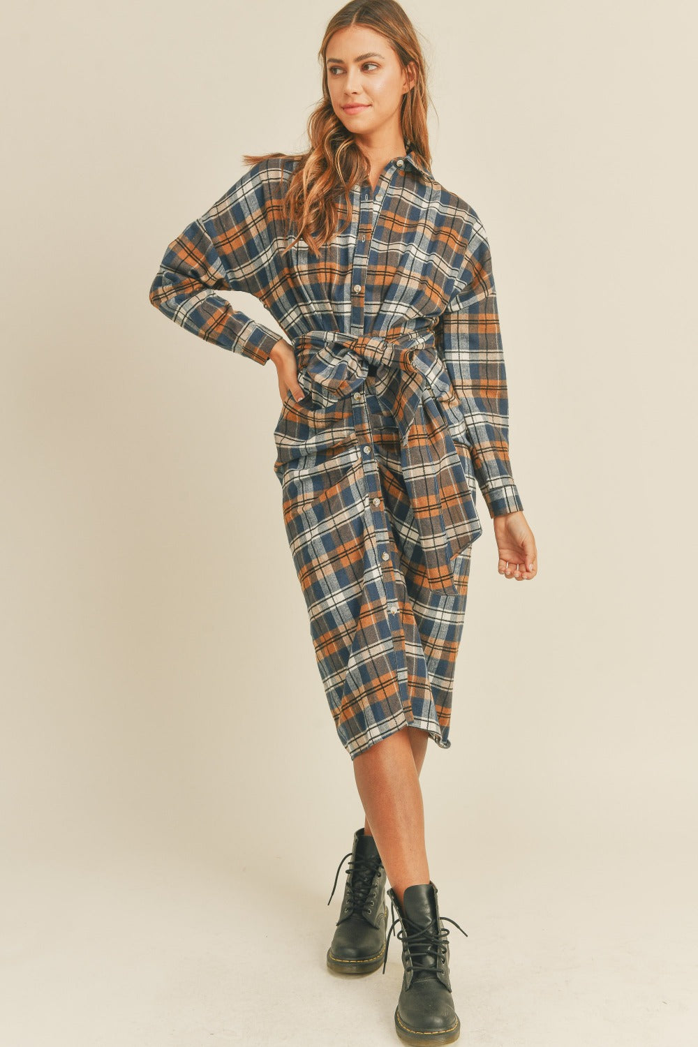 Ladies Plaid Flannel Front Tie Button Down Shirt Dress